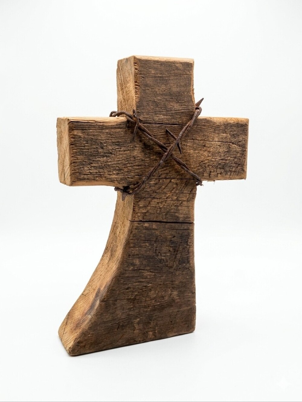 Rustic Reclaimed Barn Wood Cross with Rusted Barbed Wire Christian Decor Standin